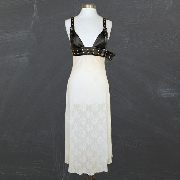 NEW WeWoreWhat Belt Bodice Lace Midi Maxi Dress Sz 8 Black Vegan Leather Ivory - Picture 2 of 15